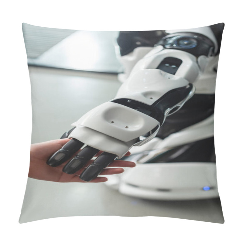 Personality  Cropped View Of Businesswoman Touching Hand Of Humanoid Robot In Office Pillow Covers