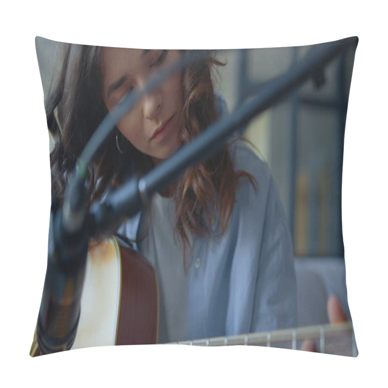 Personality  Attractive Girl Recording Sound Of Guitar With Condenser Microphone Pillow Covers