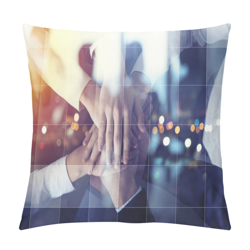 Personality  Business People Putting Their Hands Together. Concept Of Startup, Integration, Teamwork And Partnership. Double Exposure Pillow Covers