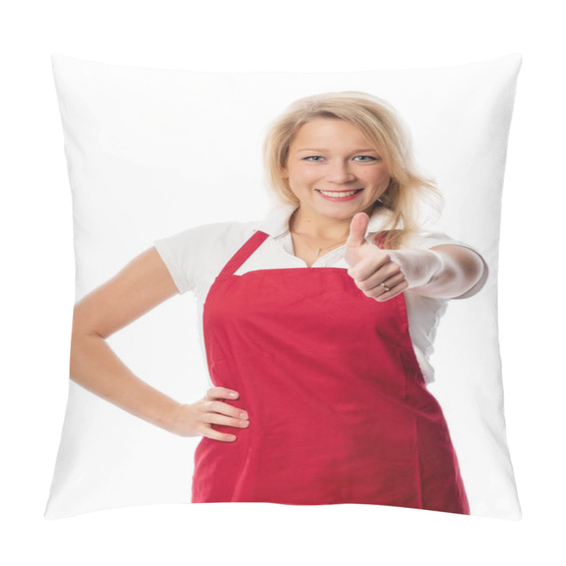 Personality  Woman With Red Apron Showing Thumbs Up Pillow Covers