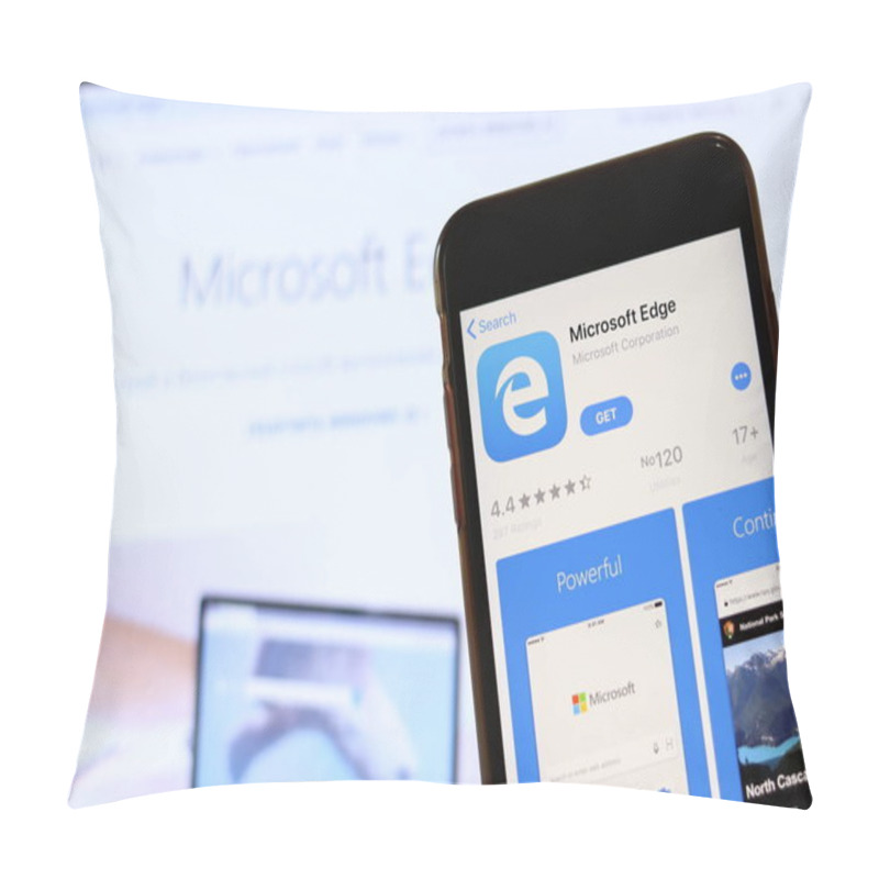 Personality  Phone With Microsoft Edge Icon On Screen Close Up With Blur Website On Laptop. Los Angeles, California, USA - 30 November 2019, Illustrative Editorial Pillow Covers