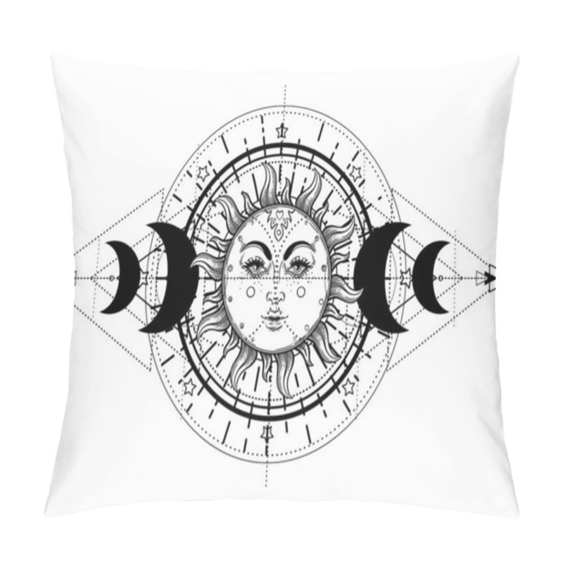 Personality  Sun And Triple Moon Pagan Wicca Moon Goddess Symbol. Three Faced Goddess, Maiden, Mother, Crone Isolated Vector Illustration. Tattoo, Astrology, Alchemy, Boho And Magic Symbol. Coloring Book.. Pillow Covers