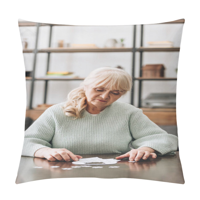 Personality  Retired Woman Looking At Puzzle Pieces On Table  Pillow Covers