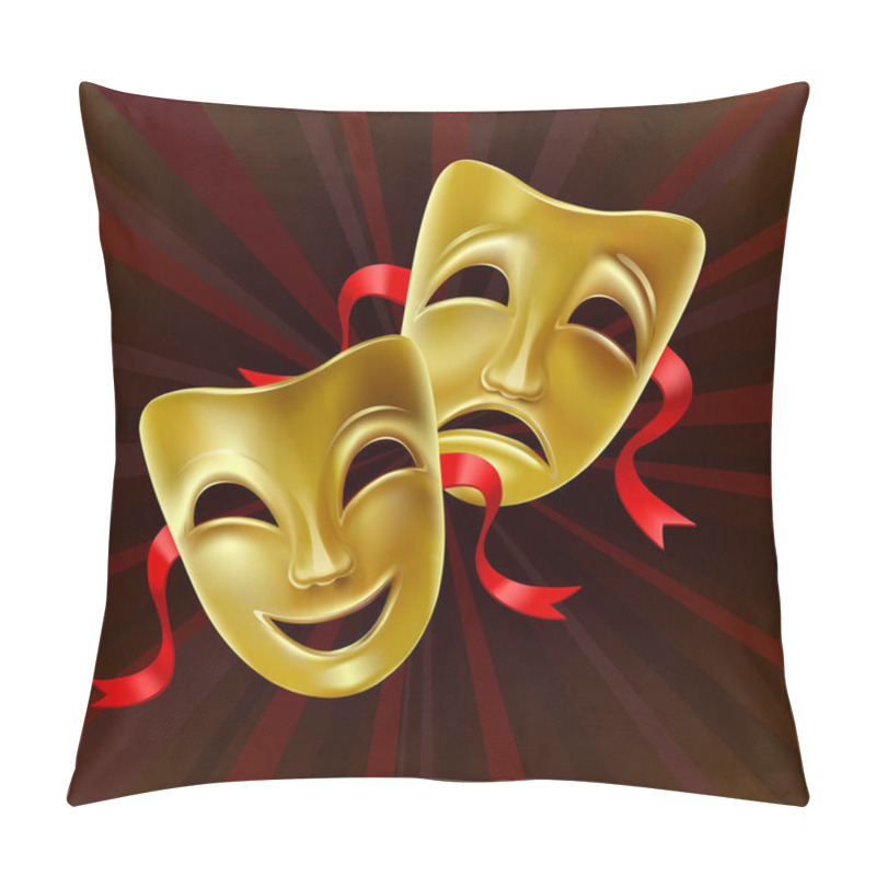 Personality  Theater Masks On A Red Background. Golden Masks. Theater Scene. Mesh. Clipping Mask Pillow Covers