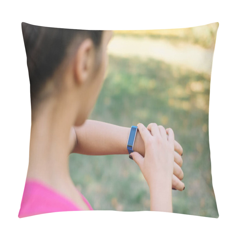 Personality  Woman Checking Fitness Watch In The Park Pillow Covers