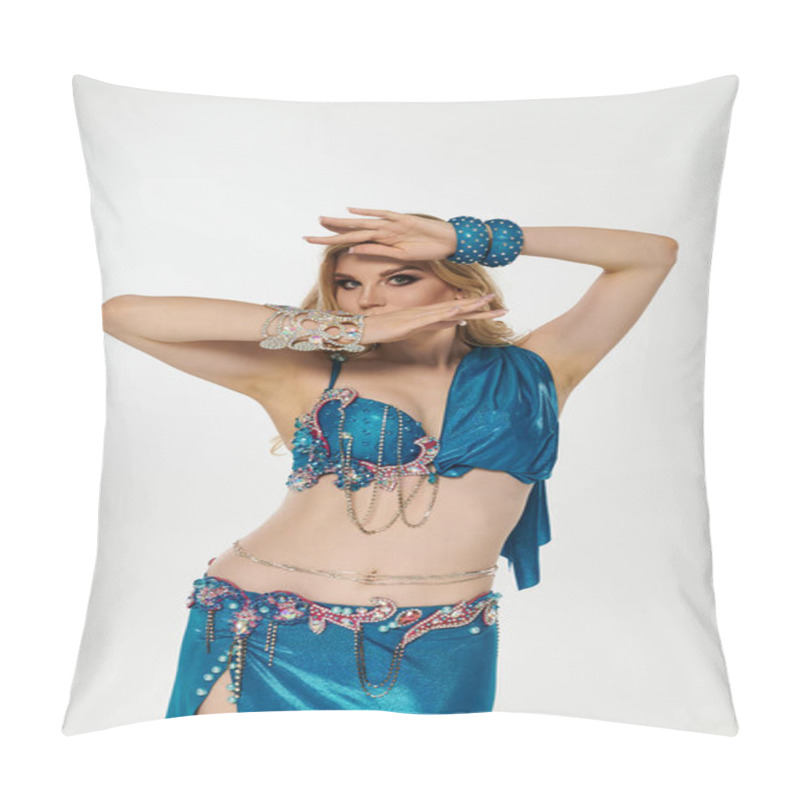 Personality  Young Woman Captivatingly Executes Belly Dance Routine In Blue Costume. Pillow Covers