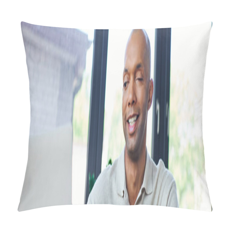 Personality  Chronic Illness, Positive African American Businessman With Eye Syndrome Looking At Laptop, Myasthenia Gravis, Bold And Dark Skinned Office Worker, Inclusion, Diversity In Society, Banner Pillow Covers