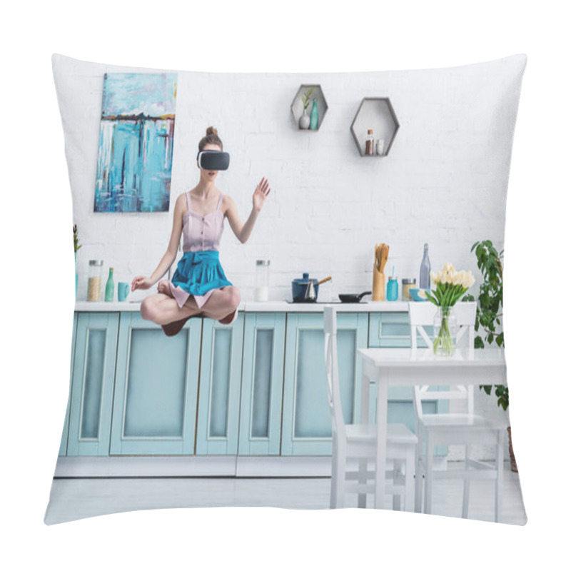 Personality  Young Woman Levitating In Air In Virtual Reality Headset And Gesturing In Kitchen Pillow Covers