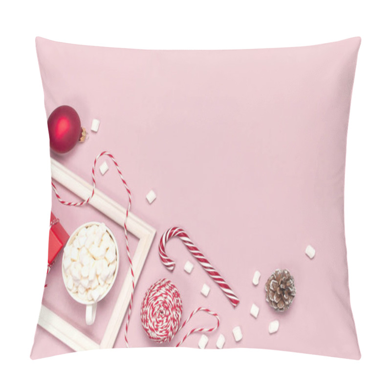 Personality  White Mug With Marshmallows Candy Cane Gifts Boxes Red Ball Packaging Lace Photo Frame On Pink Background Top View Flat Lay Winter Traditional Drink Food. Festive Decor Celebration Christmas New Year Holiday Pillow Covers