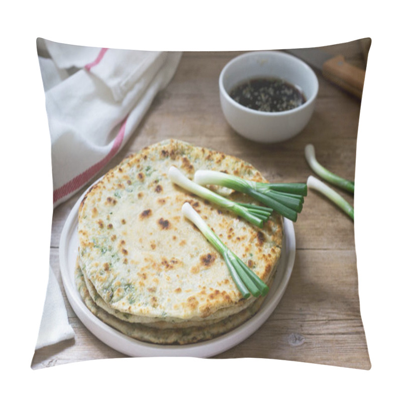 Personality  Homemade Appetizing Scallion Pancakes And A Bunch Of Green Onions. Rustic Style. Pillow Covers