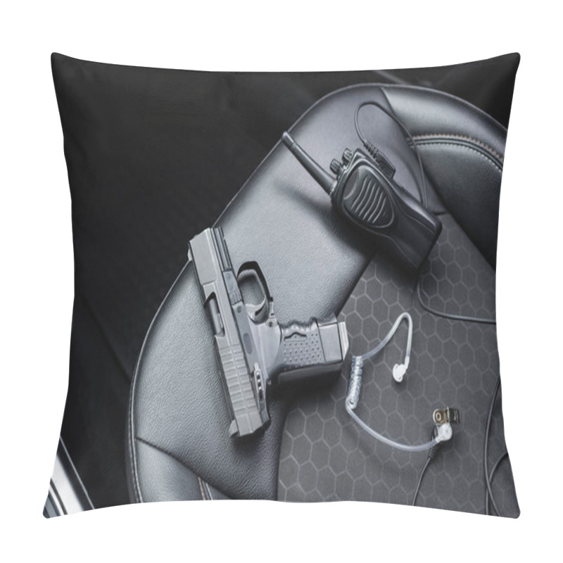 Personality  Top View Of Walkie Talkie, Black Gun And Security Earpiece On Car Seat  Pillow Covers