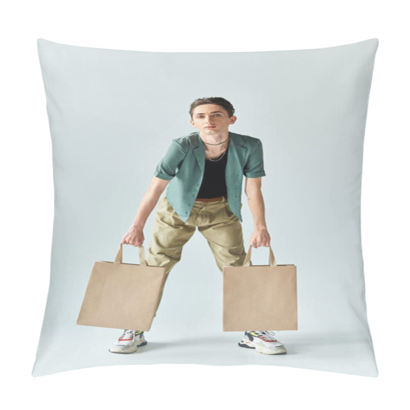 Personality  A Young Queer Person Holding Two Shopping Bags Against A Gray Background, Expressing Joy And Pride In Their Purchases. Pillow Covers