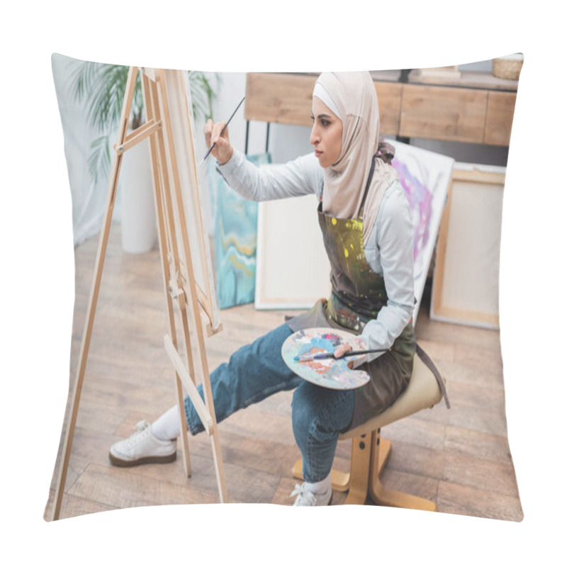 Personality  Full Length View Of Muslim Woman Drawing On Easel At Home Pillow Covers