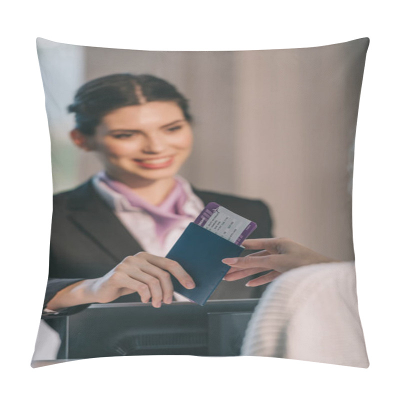 Personality  Smiling Airport Worker Giving Passport With Boarding Pass To Young Traveler At Check-in Desk  Pillow Covers