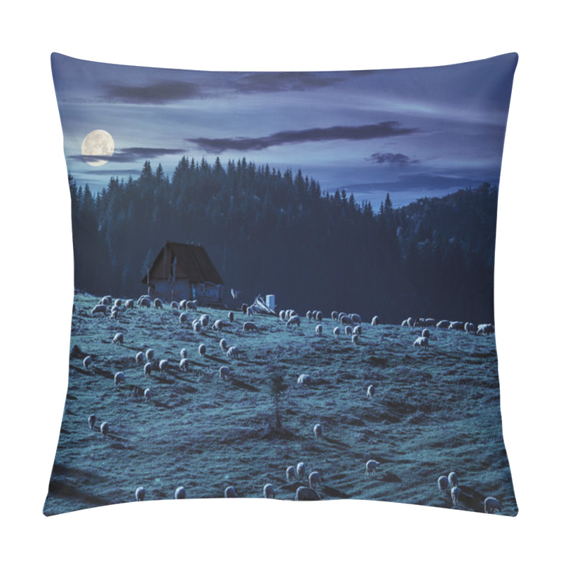 Personality  Flock Of Sheep On The Meadow Near  Forest In Mountains At Night Pillow Covers