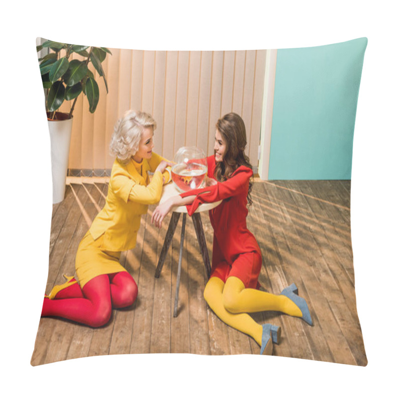 Personality  Smiling Retro Styled Women Sitting On Floor Near Golden Fish In Aquarium On Coffee Table, Doll House Concept Pillow Covers