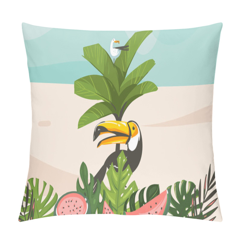 Personality  Hand Drawn Vector Abstract Cartoon Summer Time Graphic Illustrations Art Template Background With Ocean Beach Landscape,tropical Palm Tree And Exotic Toucan Bird Pillow Covers