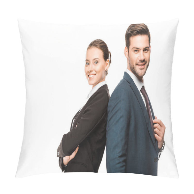 Personality  Happy Young Business Partners Leaning Back To Back And Looking At Camera Isolated On White Pillow Covers