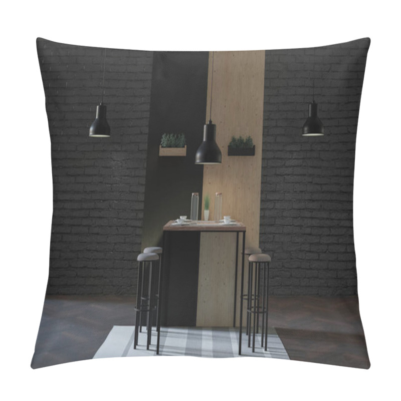 Personality  3d Rendering Of Luxury Loft Style Cafe With Black Brick Wall And Hanging Industrial Lamps Pillow Covers