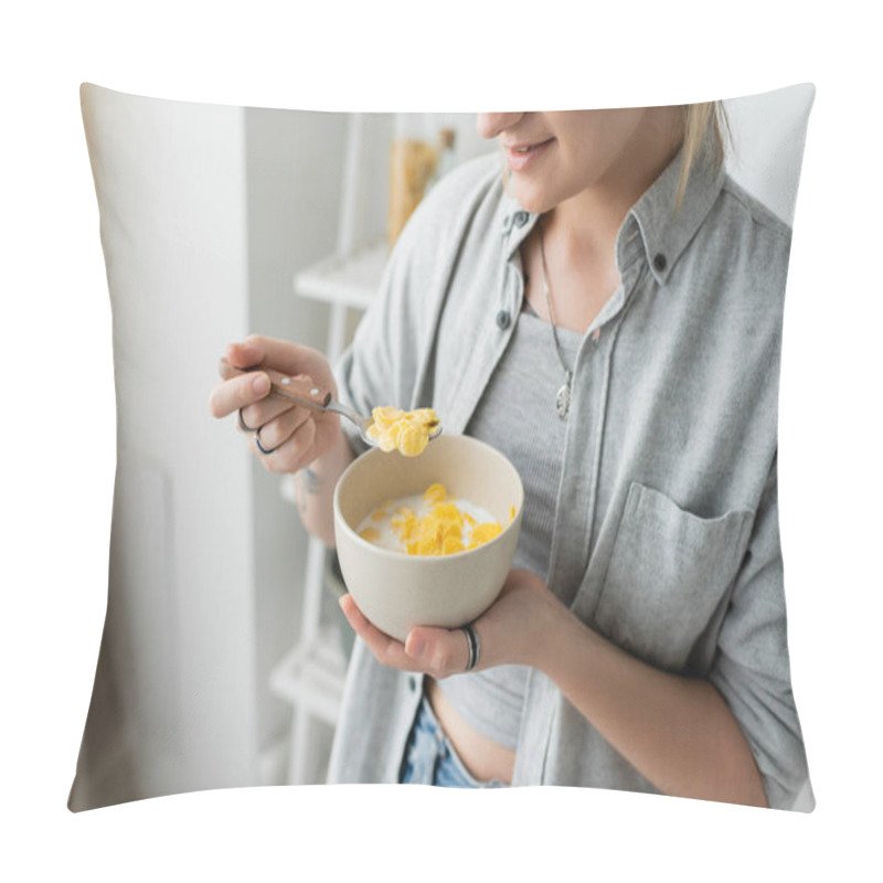 Personality  Cropped View Of Tattooed Young Woman Smiling While Holding Bowl With Cornflakes And Spoon While Having Breakfast Next To Blurred White Rack In Modern Kitchen. Copy Space, Apartment, Morning Energy  Pillow Covers