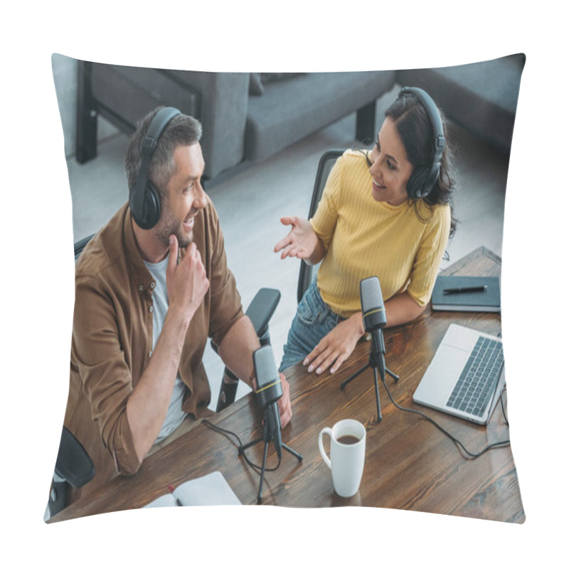 Personality  Two Radio Hosts Talking And Smiling While Sitting Near Microphones In Broadcasting Studio Pillow Covers