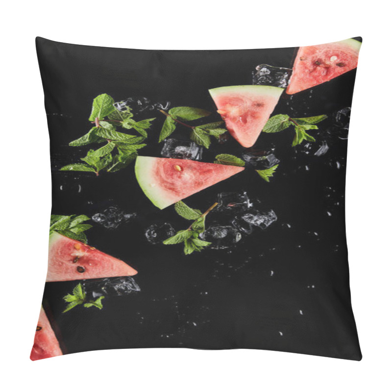 Personality  Top View Of Red Watermelon Slices With Mint And Ice Isolated On Black Pillow Covers