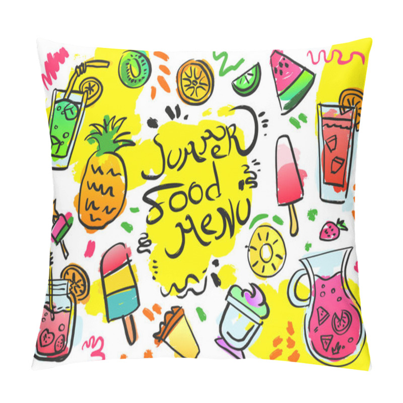 Personality  Set Of Hand Drawn Isolated Illustration On Yellow Background. Doodle Of Summer Food Menu: Ice-cream, Juice, Watermelon, Kiwi, Pineapple, Mojito, Orange, Lime Pillow Covers