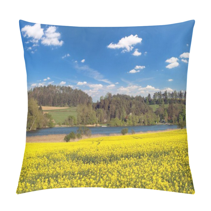 Personality  Rapeseed, Canola Or Colza Field In Latin Brassica Napus With Pond And Forest, Rape Seed Is Plant For Green Energy And Green Industry, Springtime Golden Flowering Field  Pillow Covers