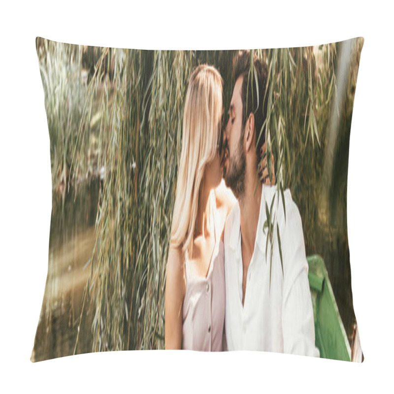 Personality  Panoramic Shot Of Happy Young Couple Kissing While Sitting In Boat On Lake Pillow Covers