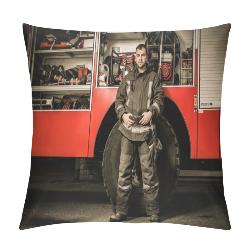 Personality  Cheerful Firefighter Near Truck With Equipment  Pillow Covers