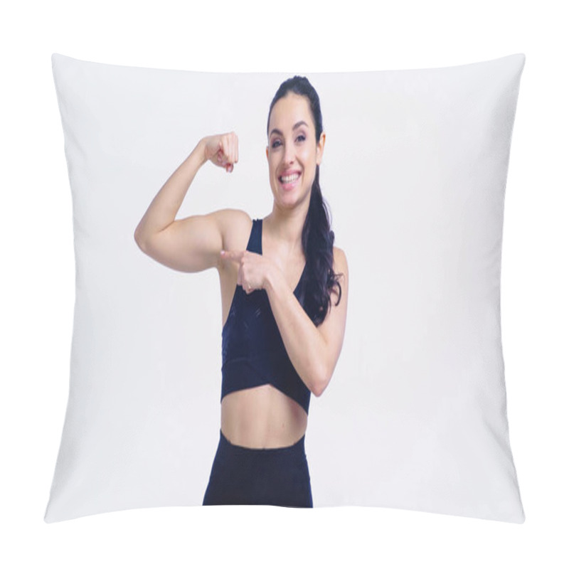 Personality  Smiling Sportswoman Pointing At Muscle Isolated On White Pillow Covers