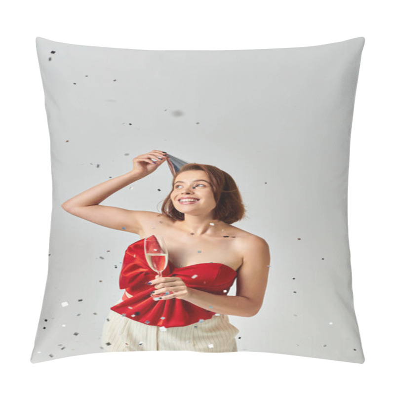 Personality  Merry Christmas Party, Cheerful Woman In Party Cap Holding Glass Of Champagne Near Confetti On Grey Pillow Covers