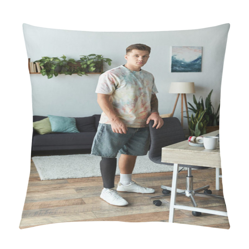 Personality  Young Handsome Man With A Prosthetic Leg Stands In A Stylish Room, Exuding Self Assurance. Pillow Covers