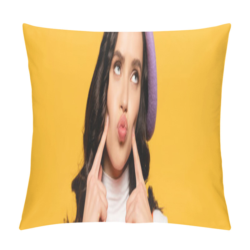 Personality  Brunette Woman In Beret With Pouting Lips Looking Up Isolated On Yellow, Banner Pillow Covers