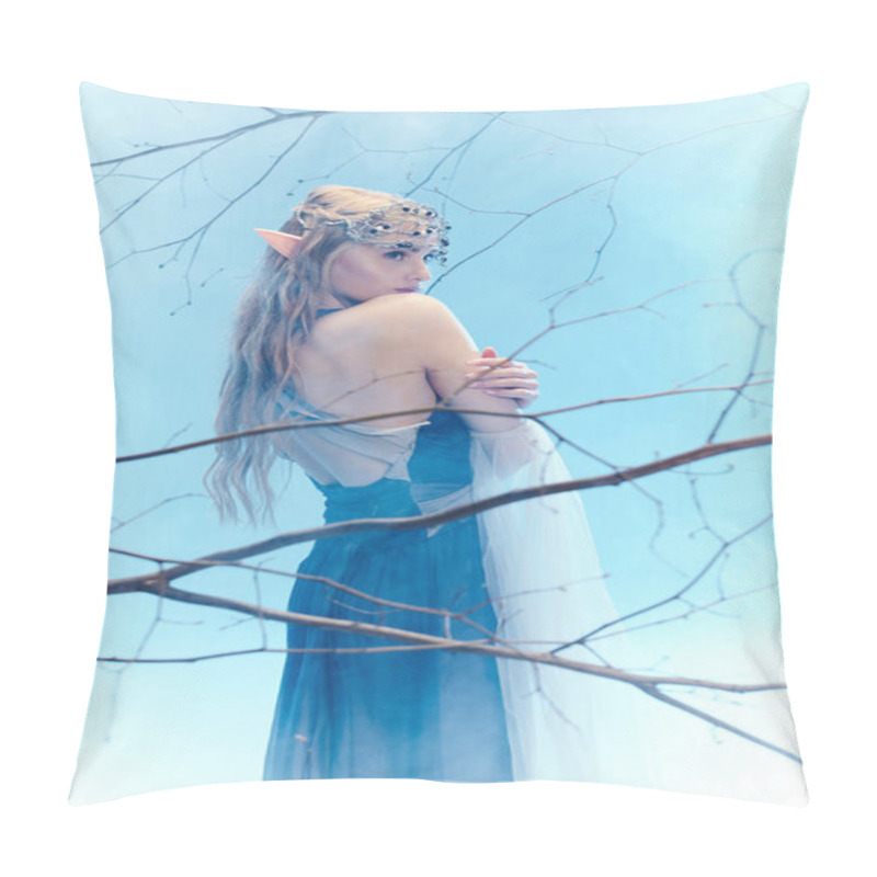 Personality  A Young Woman In A Blue Dress, Resembling An Elf Princess, Stands Gracefully In Front Of A Majestic Tree. Pillow Covers