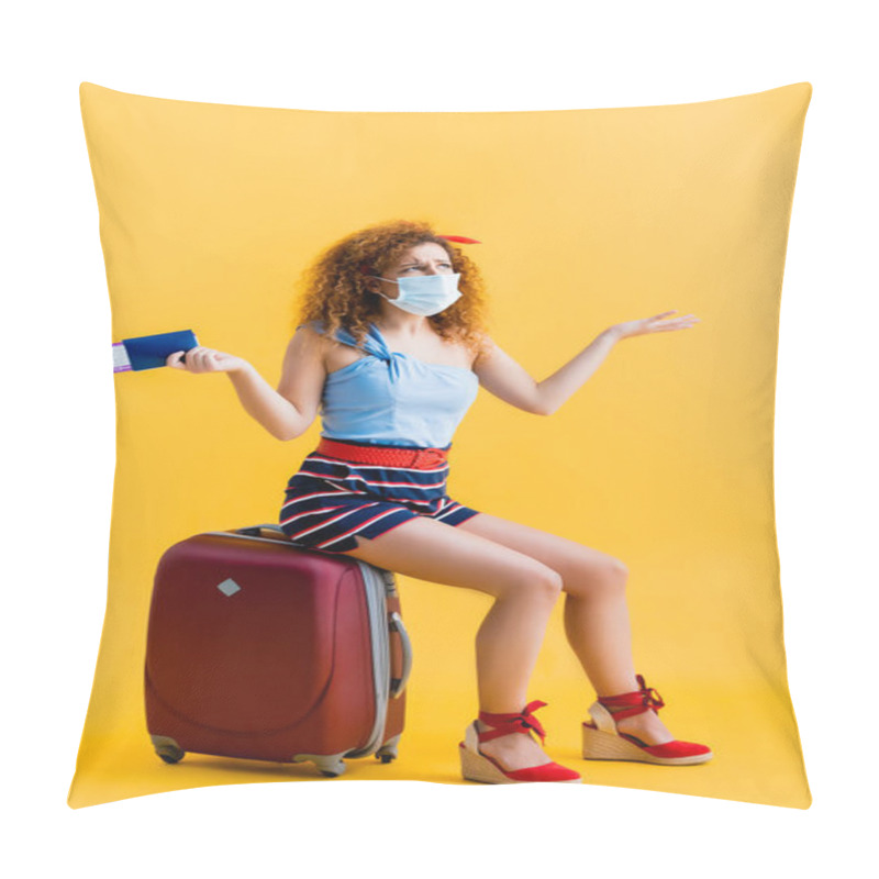 Personality  Confused Young Woman In Medical Mask Holding Passport While Sitting On Suitcase On Yellow  Pillow Covers