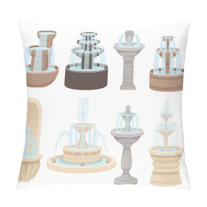 Personality  Set Of Stone Fountains Street Decoration Architecture Vector Illustration Isolated On White Background. Pillow Covers