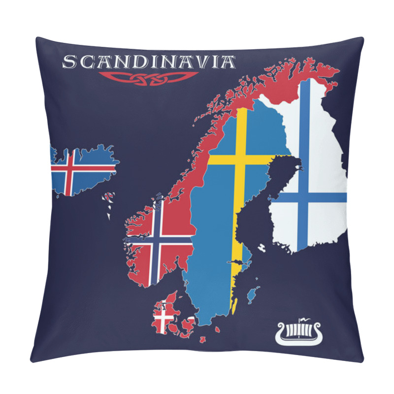 Personality  Viking Style Design. Scandinavian Countries Map With National Flags, Vector Illustration Pillow Covers