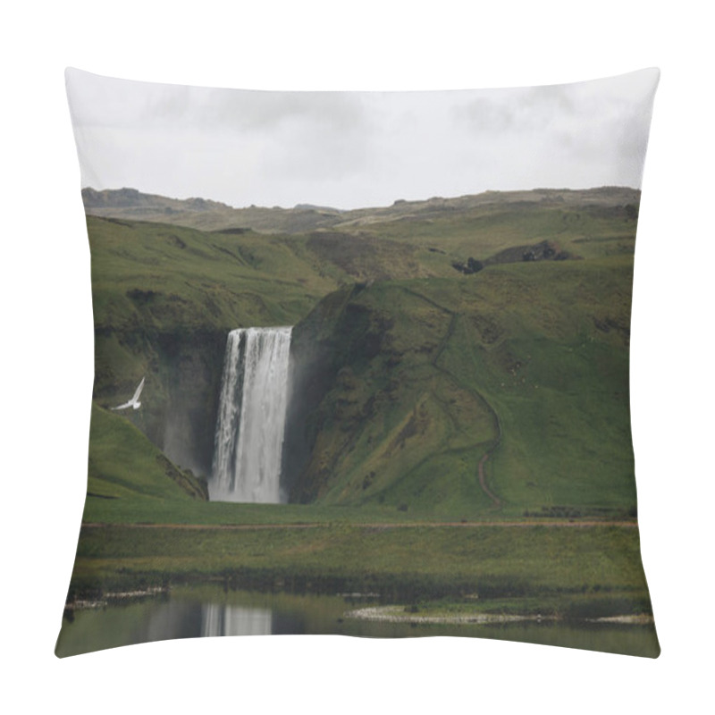 Personality  Scenic View Of Beautiful Waterfall Skogafoss In Highlands Under Cloudy Sky In Iceland  Pillow Covers