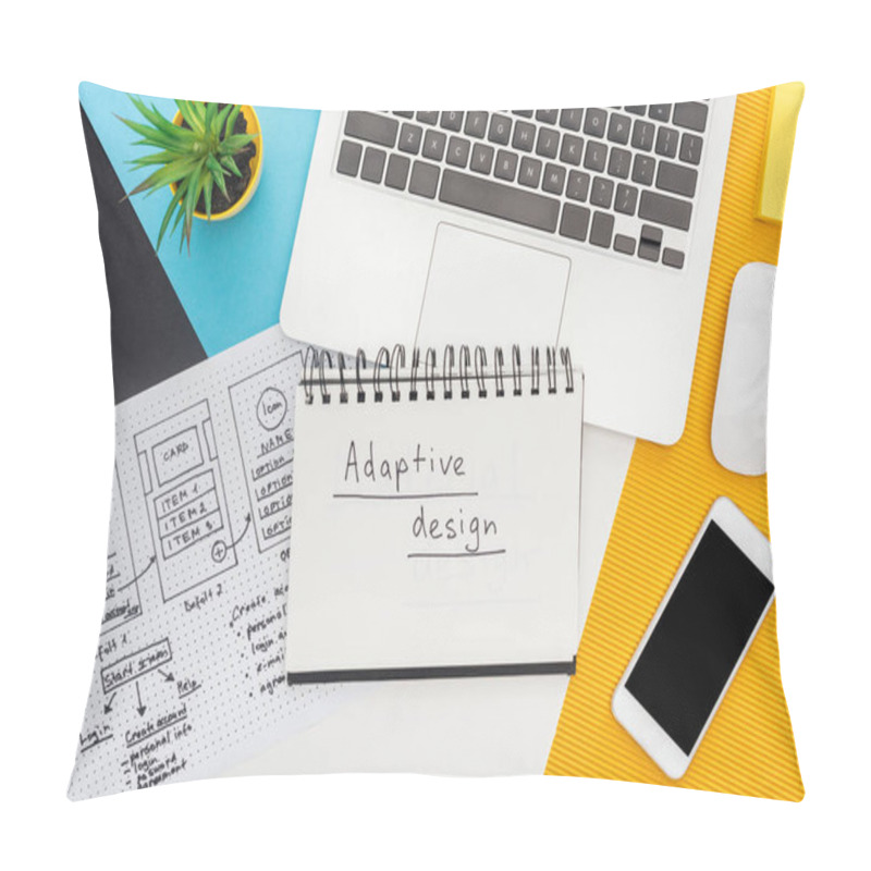 Personality  Top View Of Website Design Template Near Notepad With Adaptive Design Lettering, Laptop, Computer Mouse, Smartphone, Plant On Abstract Geometric Background Pillow Covers