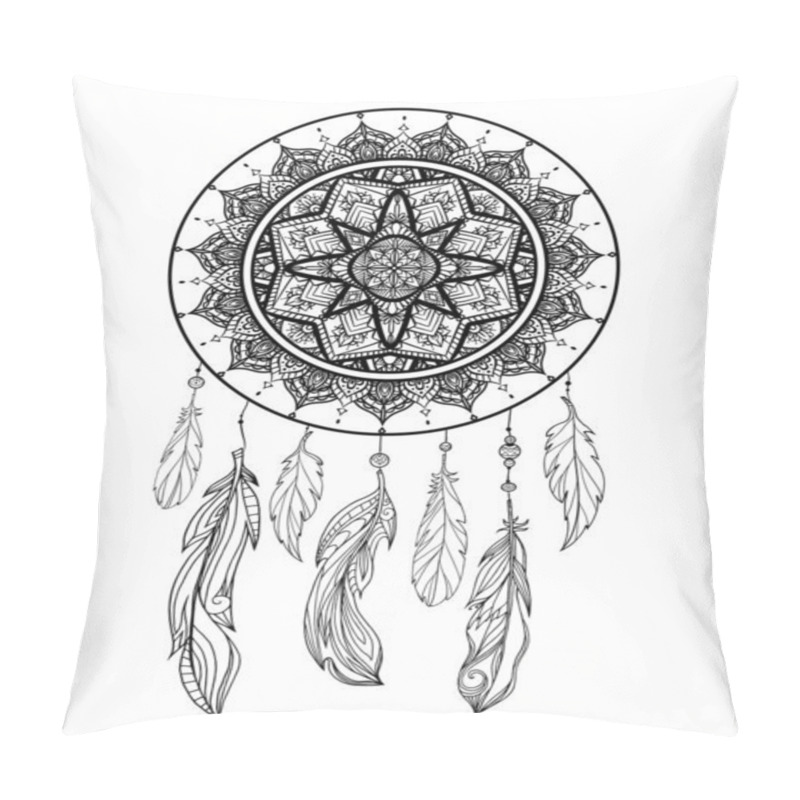 Personality  Mystical Illustration Of A Dreamcatcher With A Boho Tracery Pattern, Feathers With Beads On A White Background. Vector Magic Tribal Card For Coloring Pages And Your Creativity. Pillow Covers