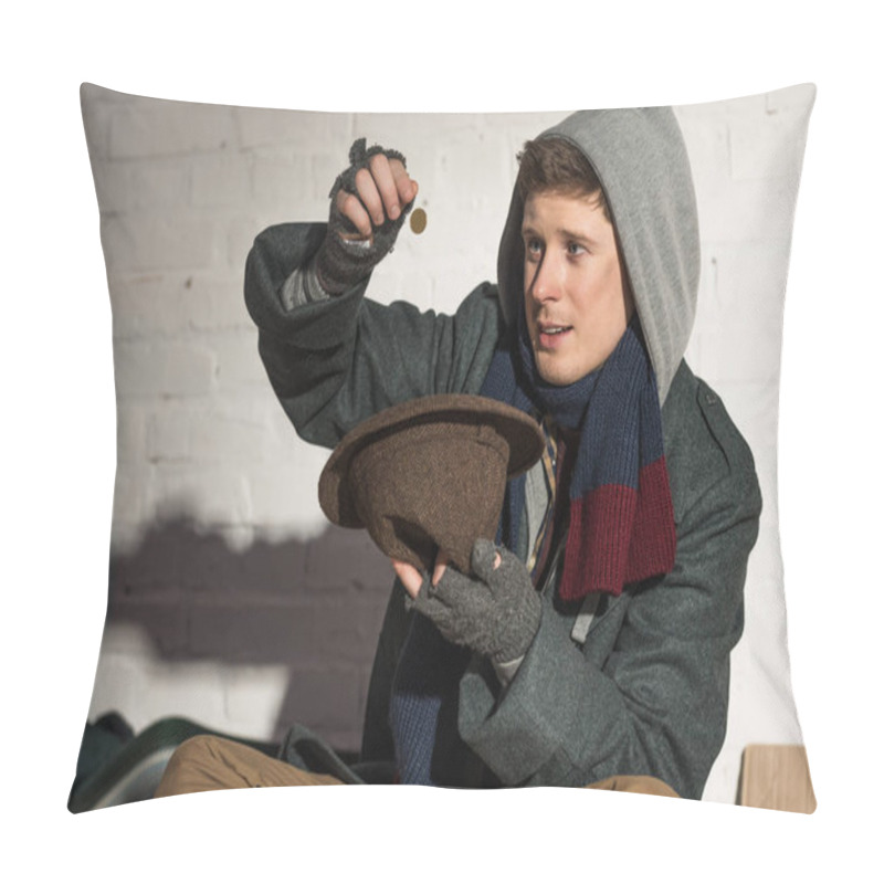 Personality  Homeless Man In Hood Throwing Coin Into Hat Pillow Covers