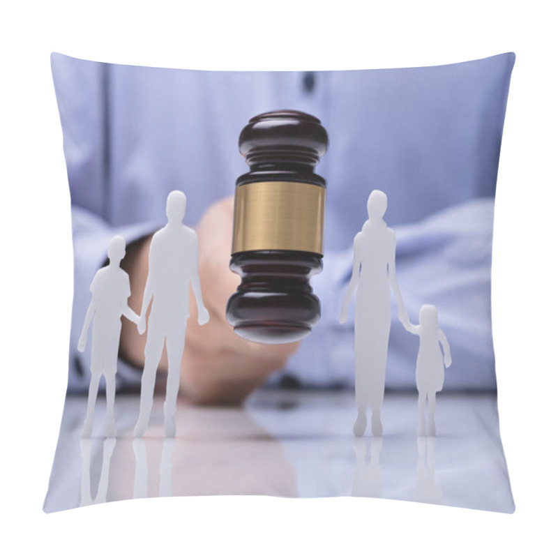 Personality  Close-up Of A Judge Striking Gavel Between Family Figure Cut Out Over Reflective Desk Pillow Covers