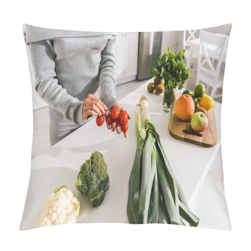 Personality  Cropped View Of Young Woman Holding Red Cherry Tomatoes Near Groceries  Pillow Covers