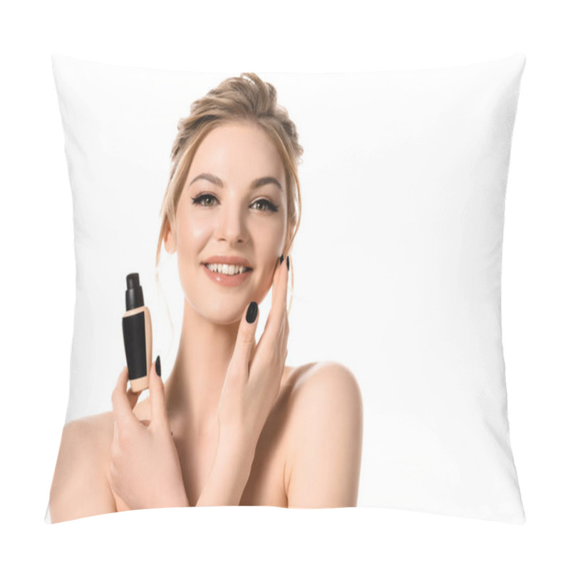 Personality  Smiling Naked Beautiful Blonde Woman With Makeup And Black Nails Holding Face Foundation Isolated On White Pillow Covers