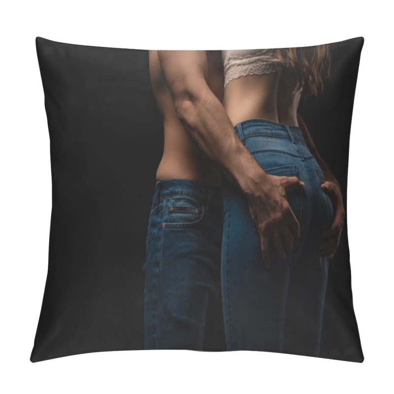 Personality  Cropped View Of Sexy Young Man Touching Girlfriend Buttocks Isolated On Black Pillow Covers