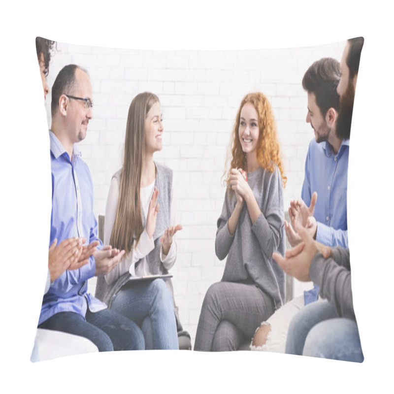 Personality  Woman Appreciating Support Of People At Group Therapy Meeting In Rehab Pillow Covers