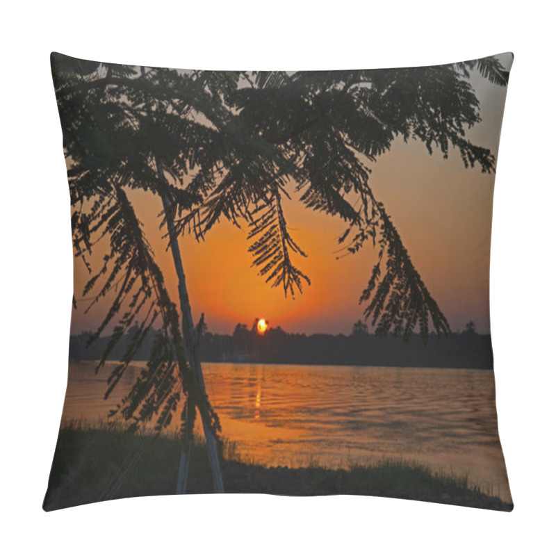 Personality  View Across Large Wide River Nile In Egypt Through Rural Countryside Tree Landscape With Beautiful Orange Sunset Pillow Covers