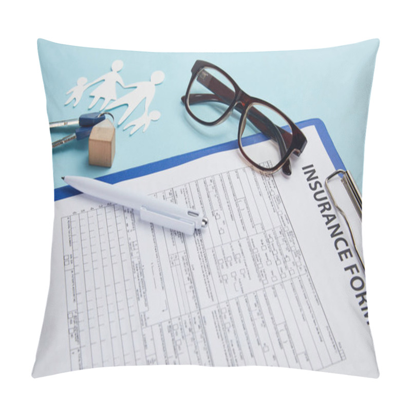 Personality  Insurance Form, Eyeglasses, Pen, Paper Cut Family And Keys Isolated On Blue     Pillow Covers