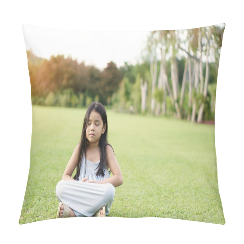 Personality  Asian Child Meditate Zen Or Kid Girl Smile Close Eye Mind Meditating With Breath And Sit On Lawn Or Meadow Grass For Peace Or Yoga Relax By Hand Overlap On Tree Garden At Outdoor Park To Warm Sunshine Pillow Covers